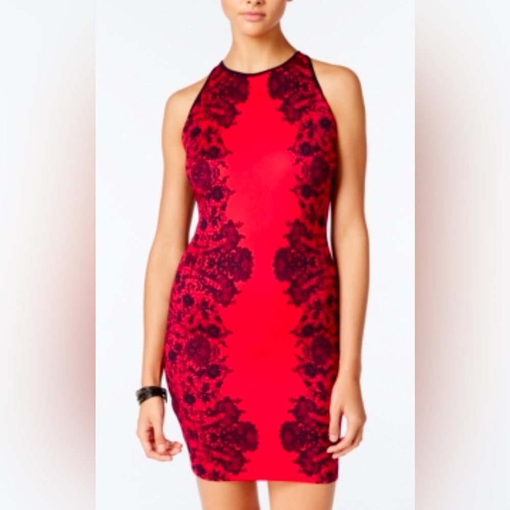 B Darlin Size 5/6 High Neck Red & Black BodyCon Dress Party Mini Slenderizing